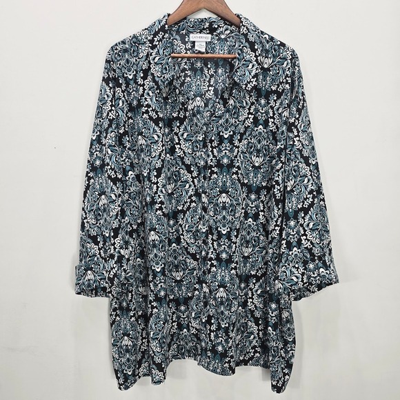 Catherines Tops - Catherines Womens Button Up Shirt Blouse Black‎ Teal 1/2 Sleeve Roll Tab Mature
